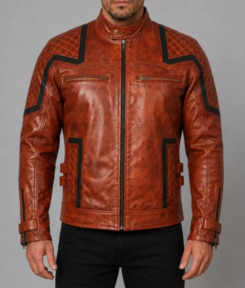 101 Tan Vintage Motor Biker Real Leather Jacket - Front