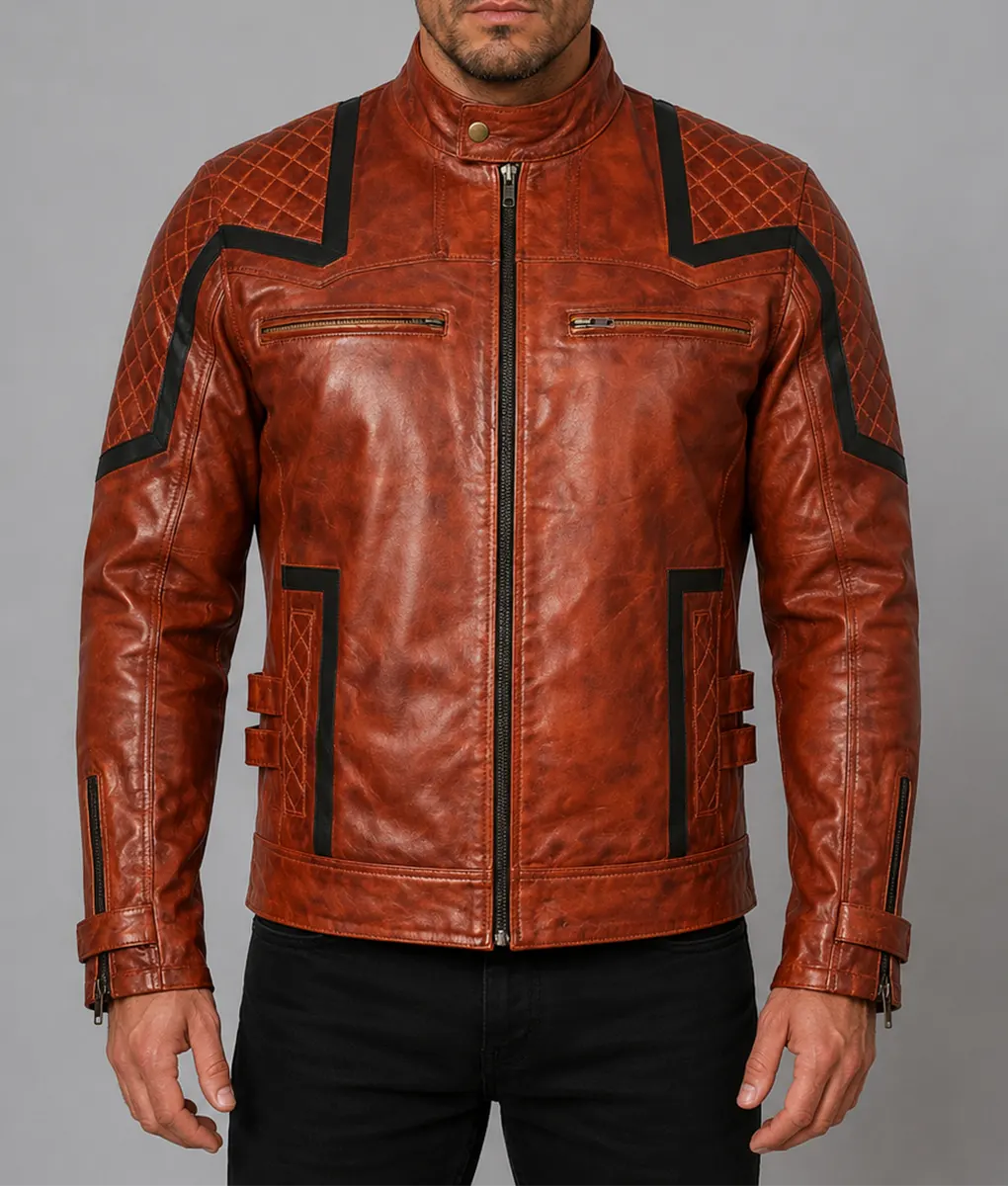 101 Tan Vintage Motor Biker Real Leather Jacket - Front