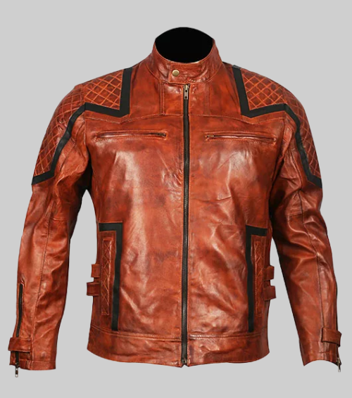 101 Tan Vintage Motor Biker Real Leather Jacket-FrontView