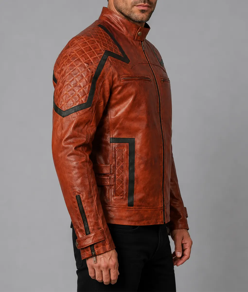 101 Tan Vintage Motor Biker Real Leather Jacket - Side