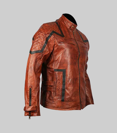 101 Tan Vintage Motor Biker Real Leather Jacket-SideView