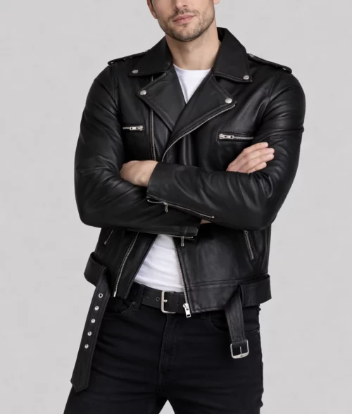 Zack Men's Black Leather Biker Style Jacket | Men's Black Leather Biker Style Jacket-3