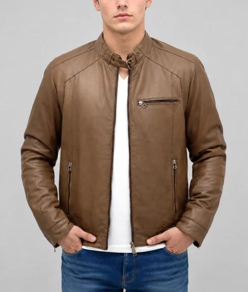 Heavy-Duty Brown Leather Bomber Jacket - Front