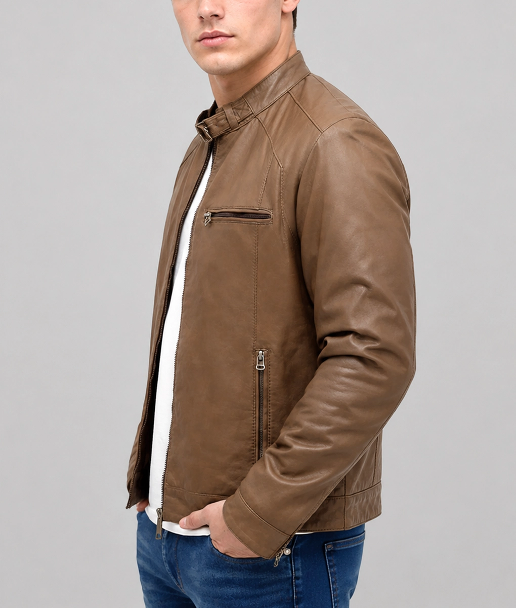 Heavy-Duty Brown Leather Bomber Jacket - Side