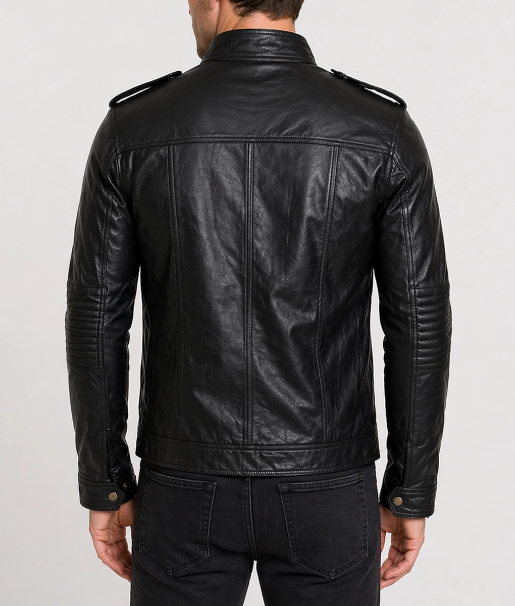 Men Detachable Hooded AJ Styles Motor Biker Leather Jacket - Back