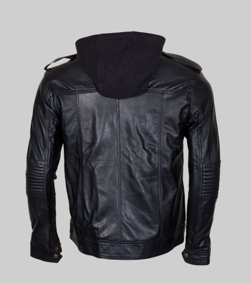 Men Detachable Hooded AJ Styles Motor Biker Leather Jacket-BackView1