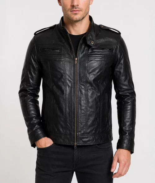 Men Detachable Hooded AJ Styles Motor Biker Leather Jacket - Front