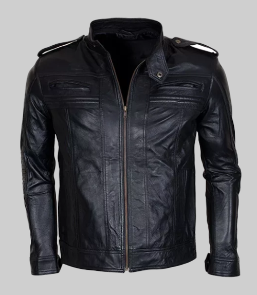 Men Detachable Hooded AJ Styles Motor Biker Leather Jacket-FrontView