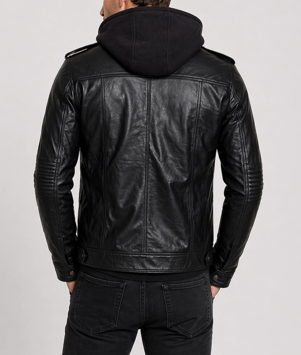 Men Detachable Hooded AJ Styles Motor Biker Leather Jacket - Hooded Back