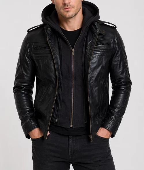 Men Detachable Hooded AJ Styles Motor Biker Leather Jacket - Hooded Front