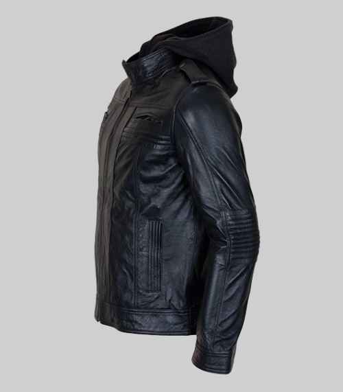 Men Detachable Hooded AJ Styles Motor Biker Leather Jacket-Side-View
