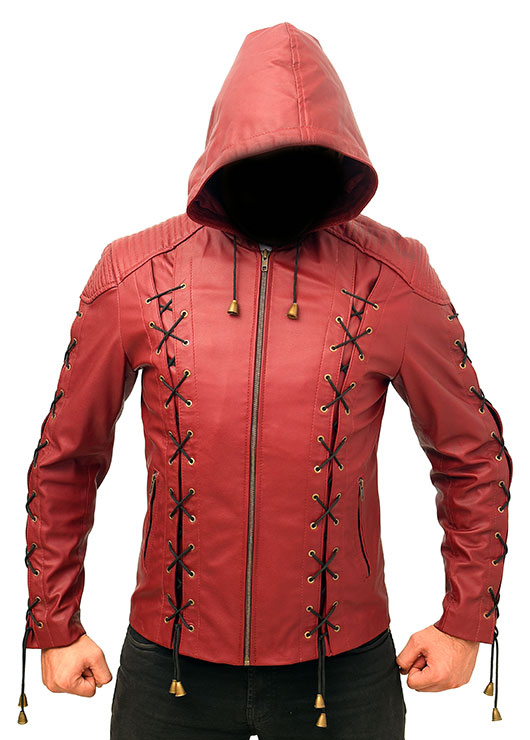 Arsenal Arrow Red Leather Hooded Jacket - TheLeatherCIty
