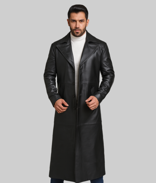 chinese dress ladies Men's Leather Trench Coat with Fox Fur Collar [Black/Black Fox] XL