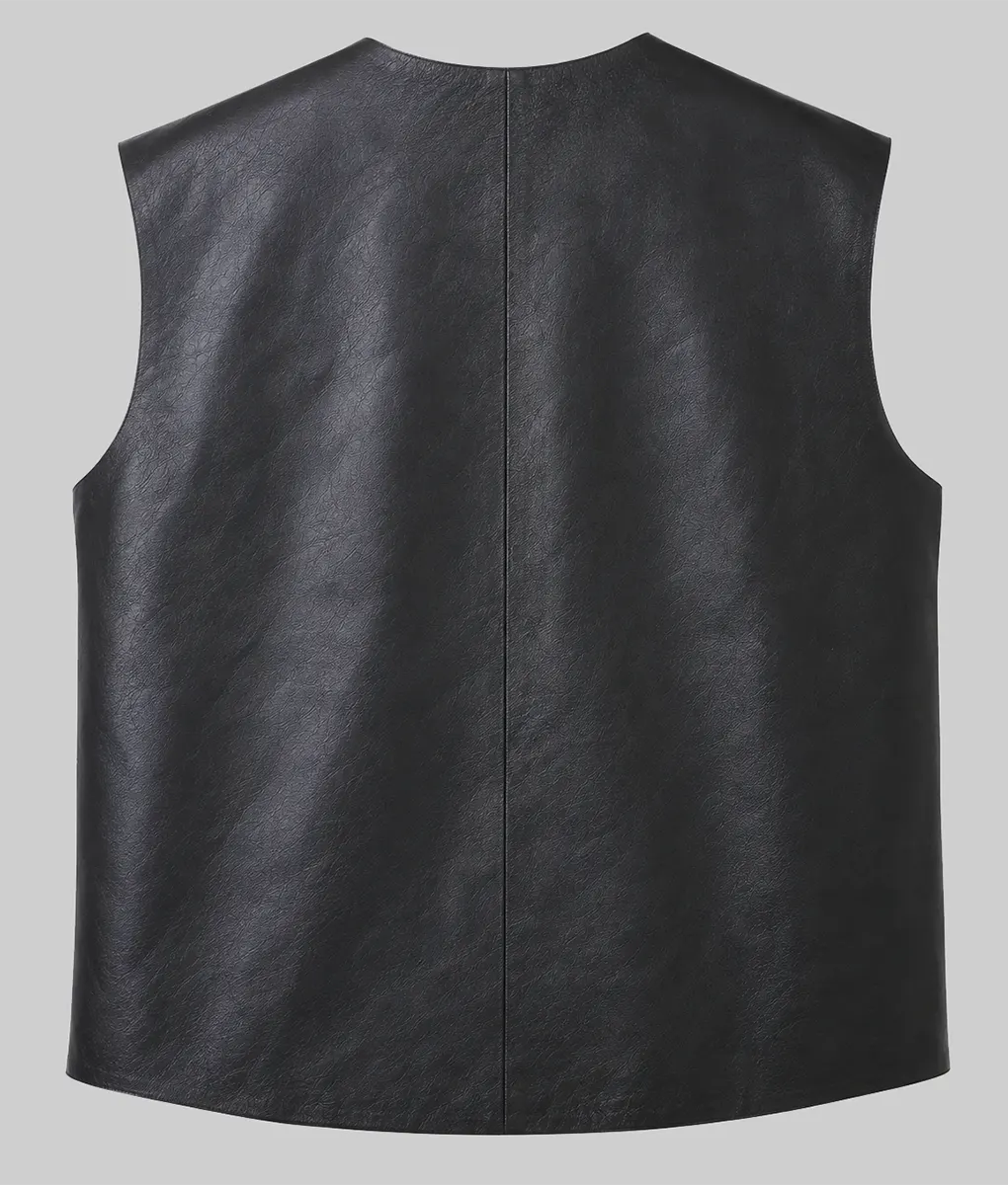 Steve Austin Black Leather Vest - Back
