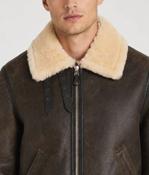 Gerald Men's Brown B-3 Leather Bomber Jacket - Collar
