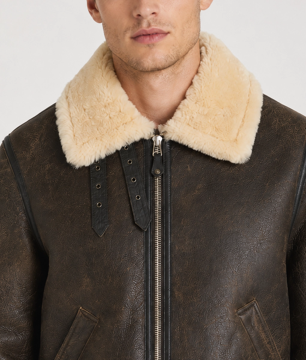 Gerald Men's Brown B-3 Leather Bomber Jacket - Collar