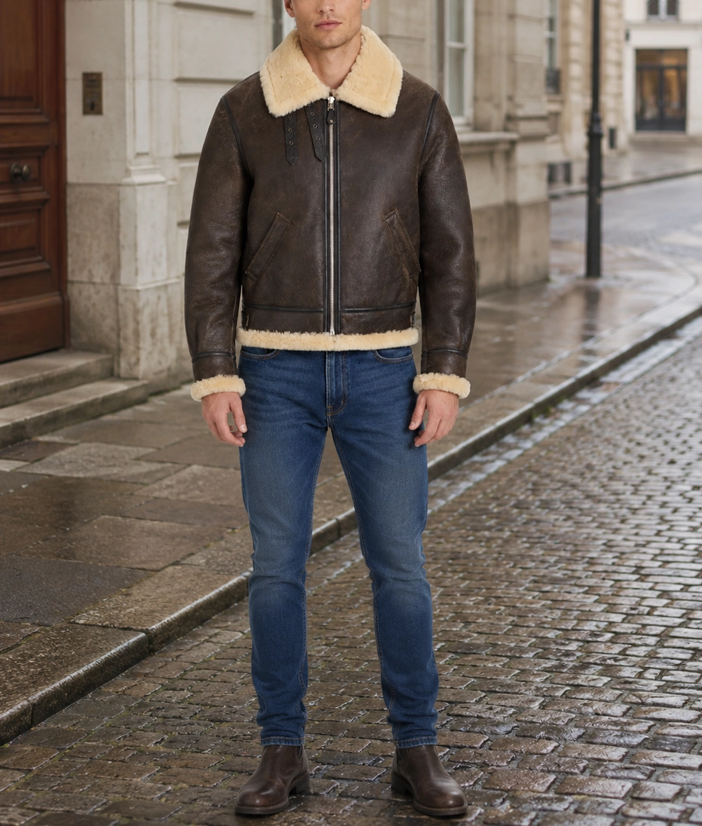 Gerald Men's Brown B-3 Leather Bomber Jacket - Full 01