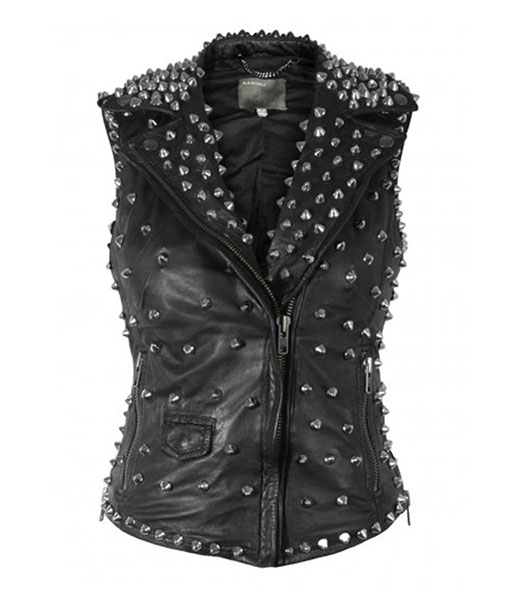 Womens Silver Studded Black Leather Vest TLC