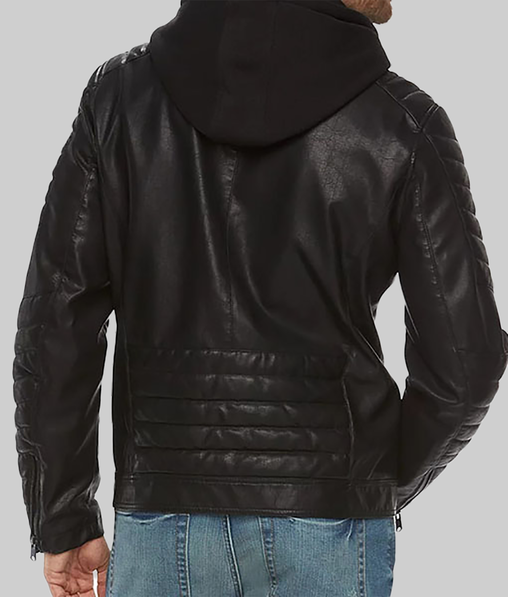 Burke Men's Black Leather Hooded Caf&eacute; Racer Jacket-BackView