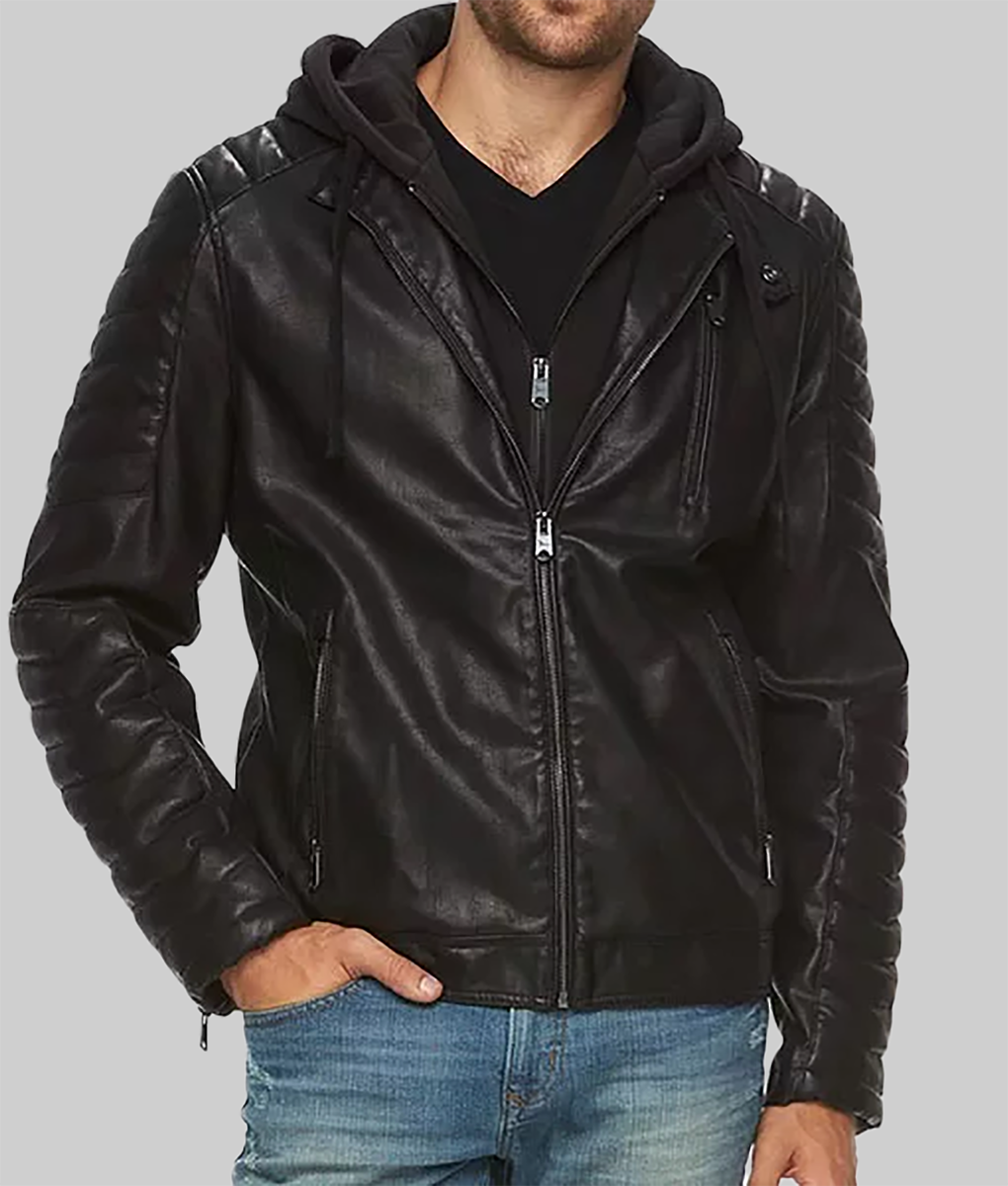 Burke Men's Black Leather Hooded Caf&eacute; Racer Jacket-FrontView