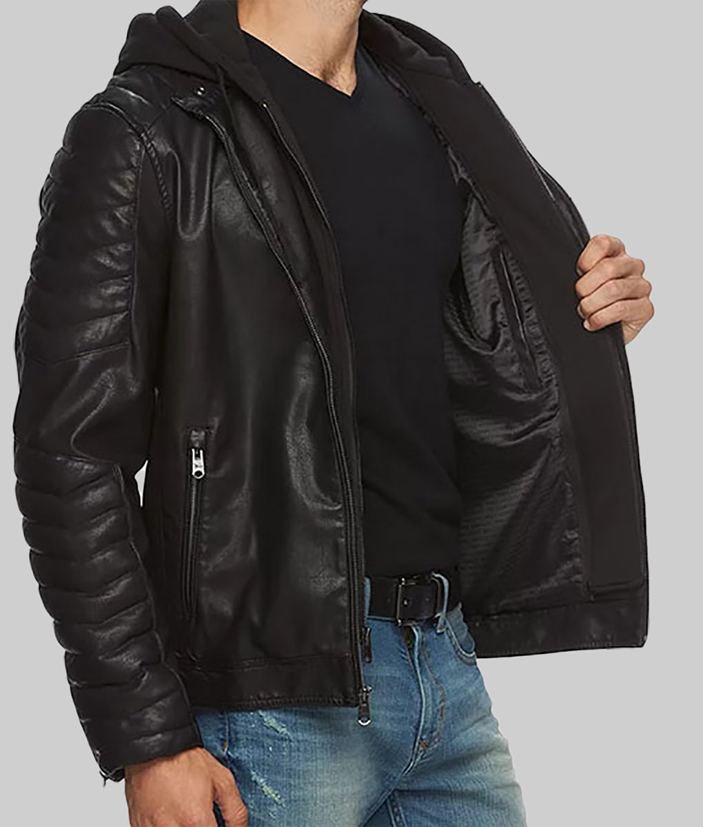 Burke Men's Black Leather Hooded Caf&eacute; Racer Jacket-FrontView2