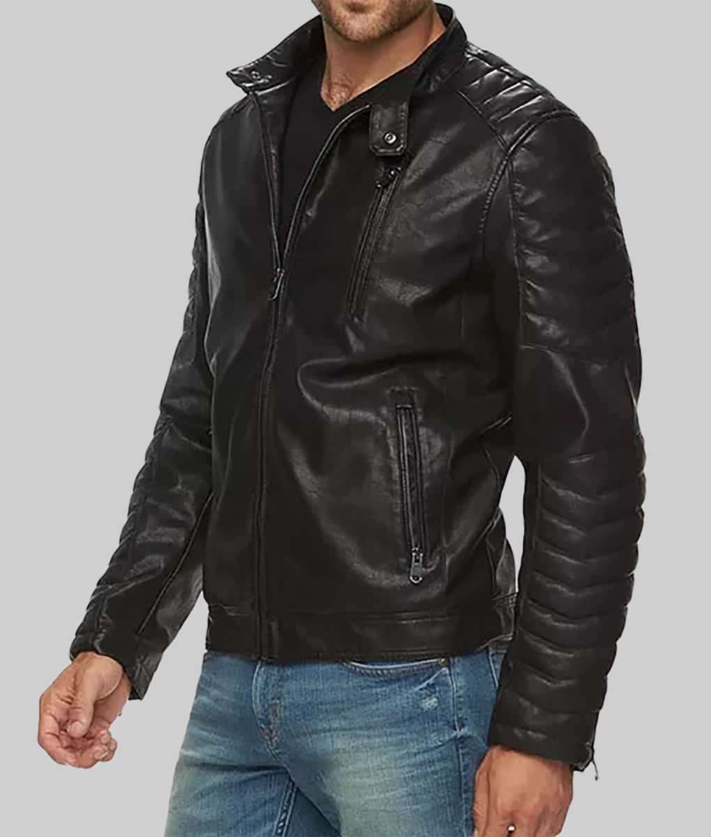 Burke Men's Black Leather Hooded Caf&eacute; Racer Jacket-SideView