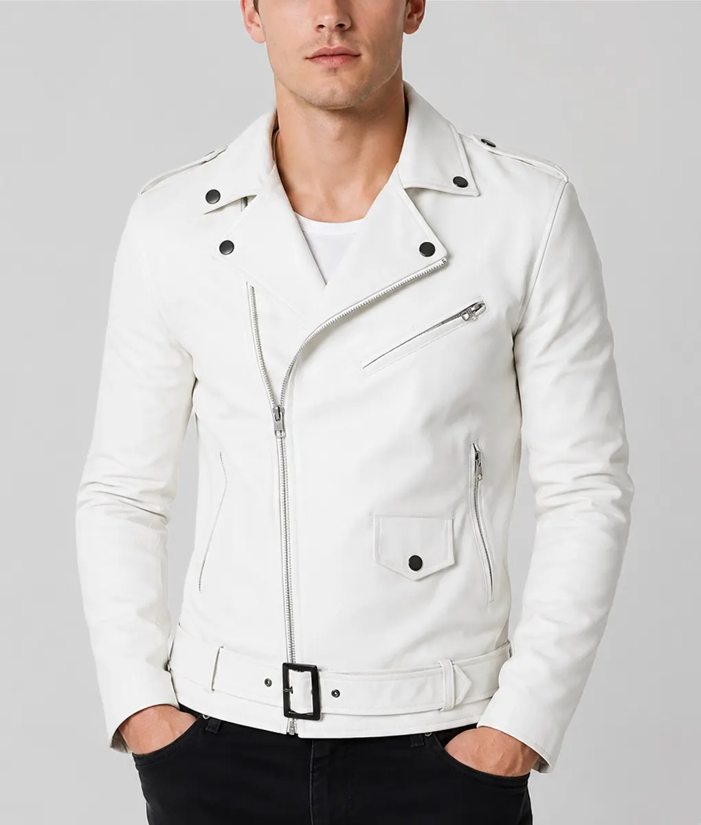 Everest Men's White Leather Biker Jacket - Front 1