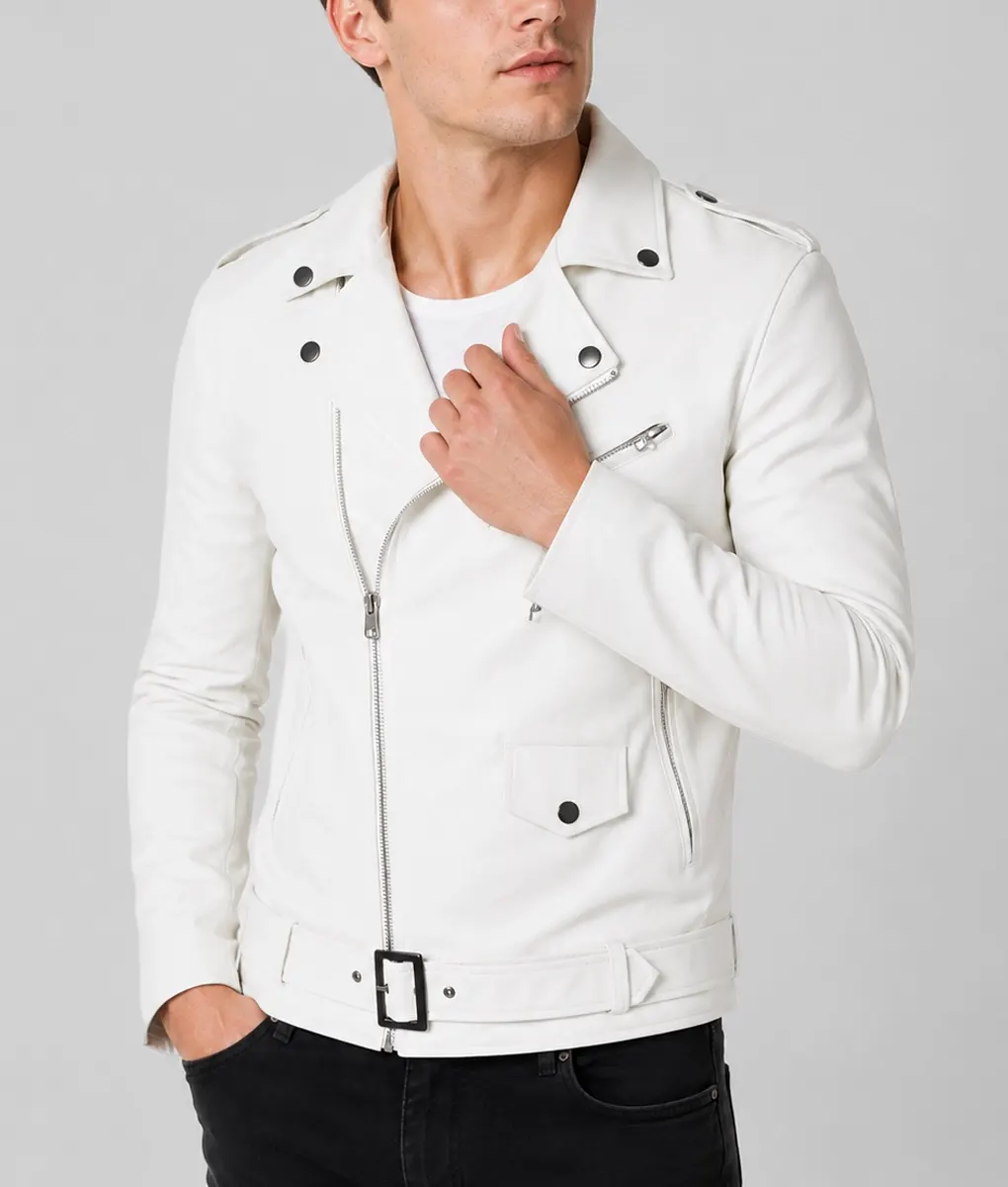 Everest Men's White Leather Biker Jacket - Front 2
