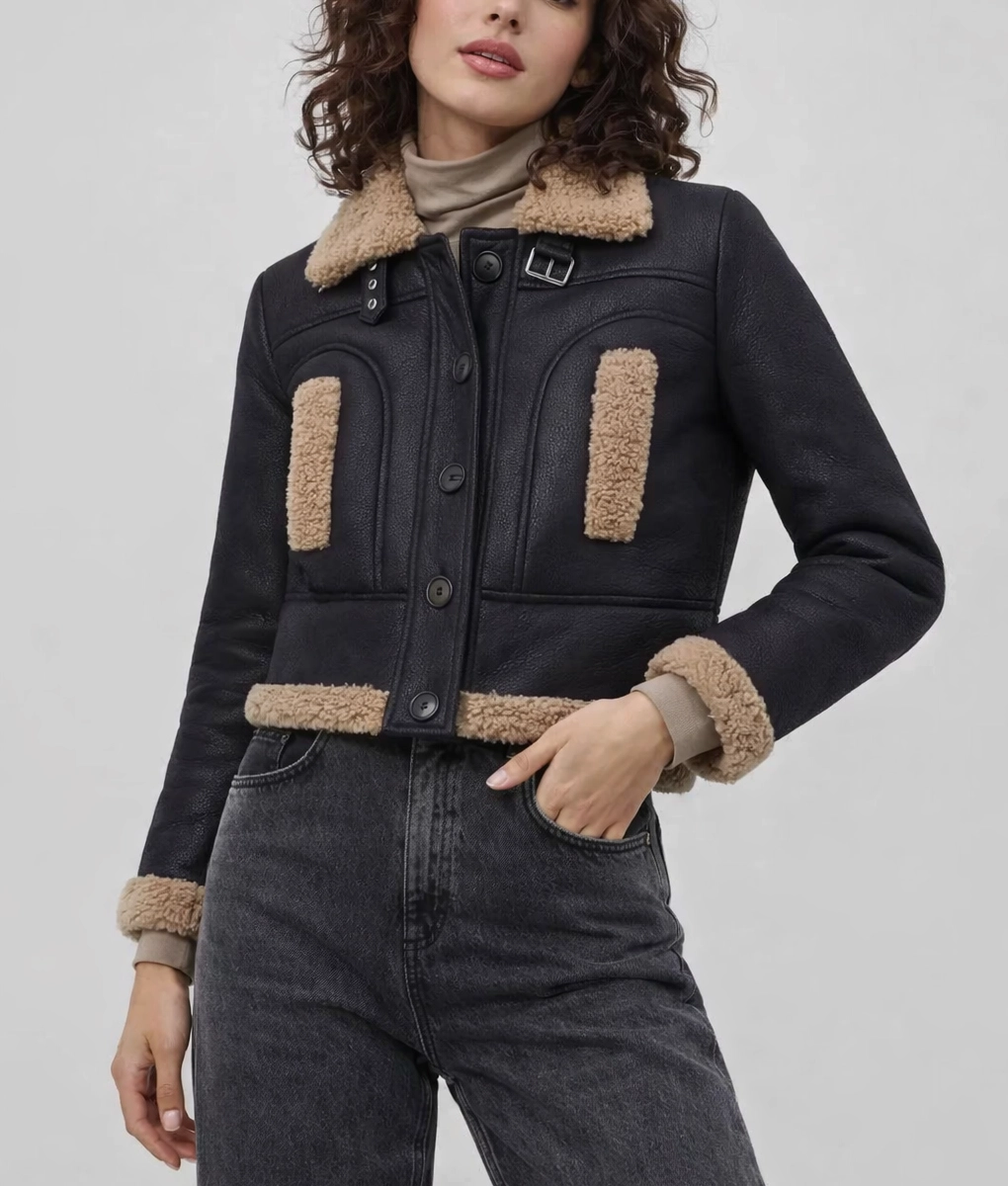Judith Women's Black Leather Shearling Jacket | Women's Black Leather Shearling Jacket-2