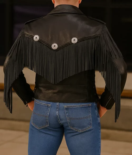 Men’s Fringed Biker Leather Jacket - Back View