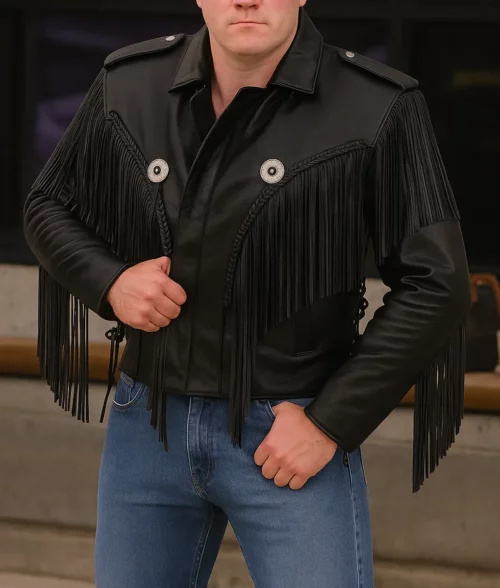 Men’s Fringed Biker Leather Jacket - Front View