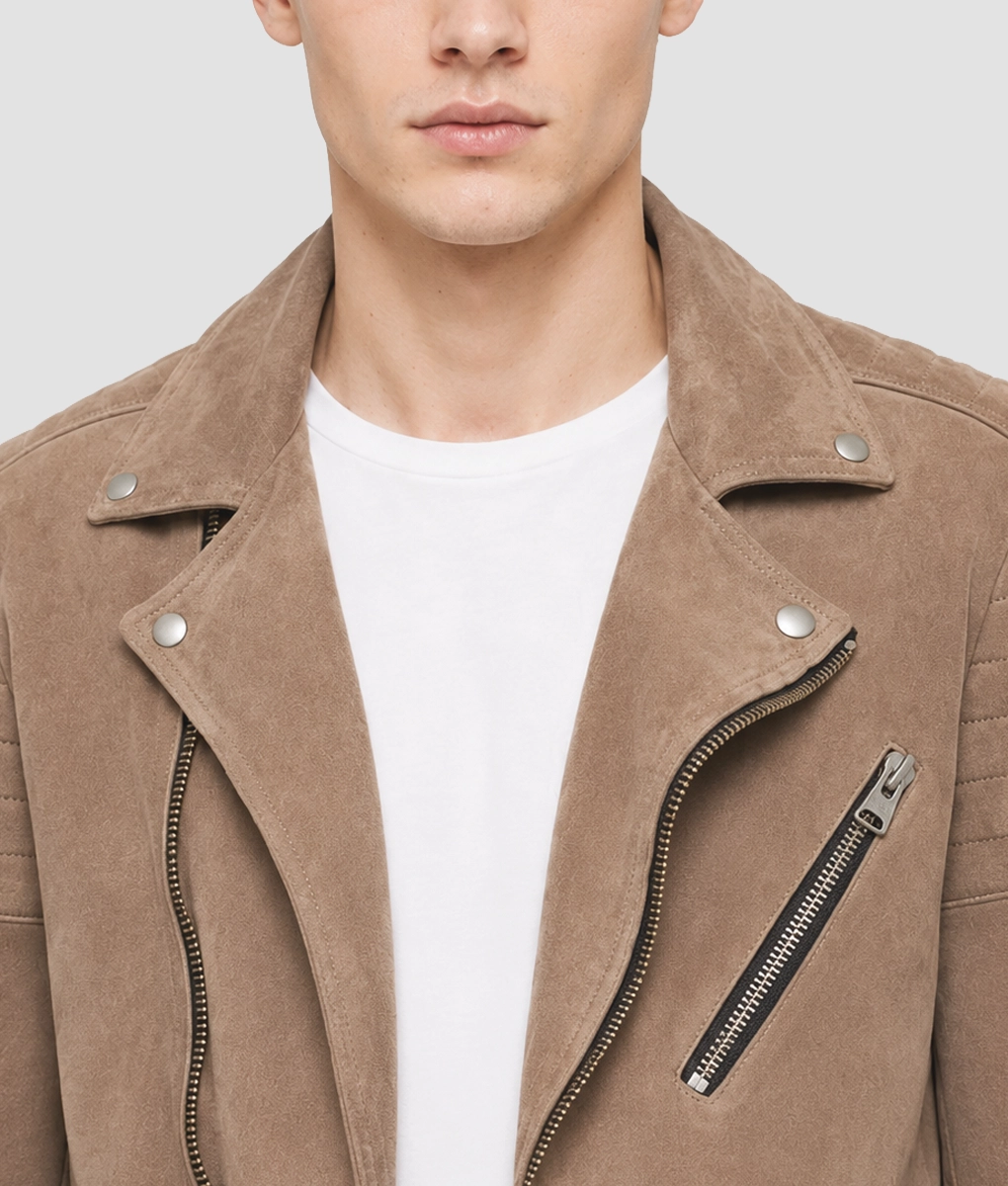 Men&rsquo;s Taupe Brown Leather Jacket - Collar