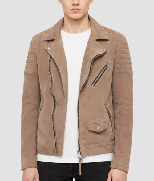 Men&rsquo;s Taupe Brown Leather Jacket - Front