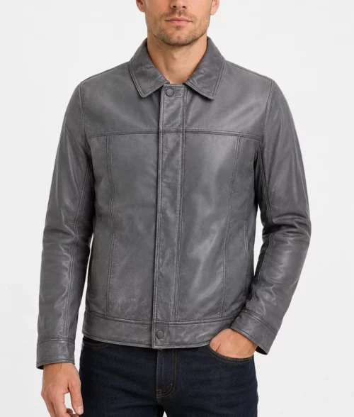 Men’s Trucker Slim Fit Leather Jacket - Front