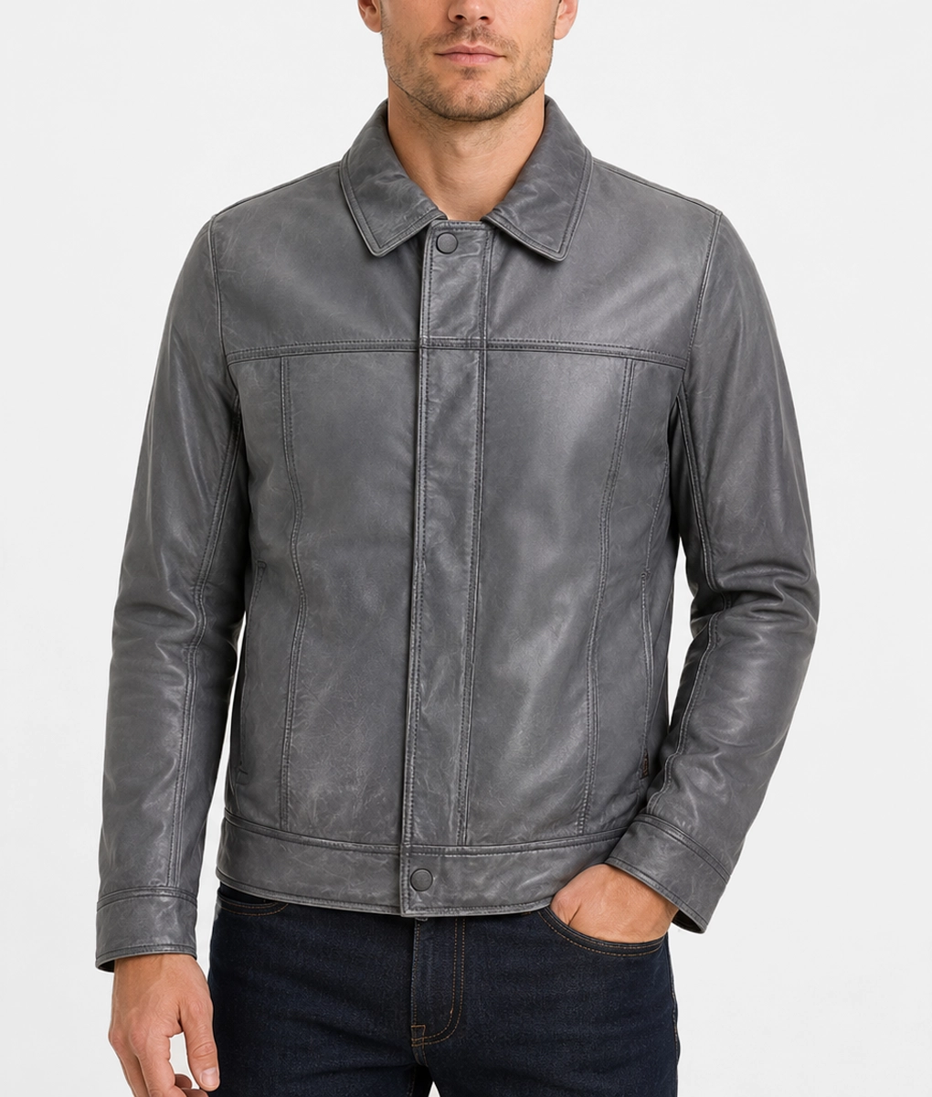 Men’s Trucker Slim Fit Leather Jacket - Front