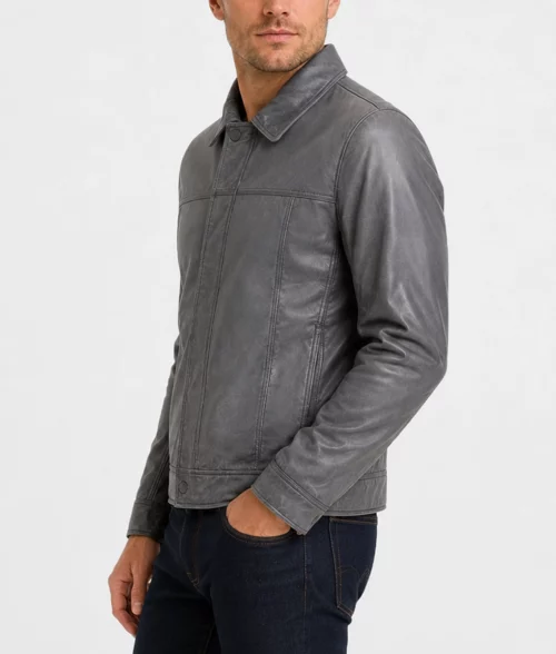 Men’s Trucker Slim Fit Leather Jacket - Side