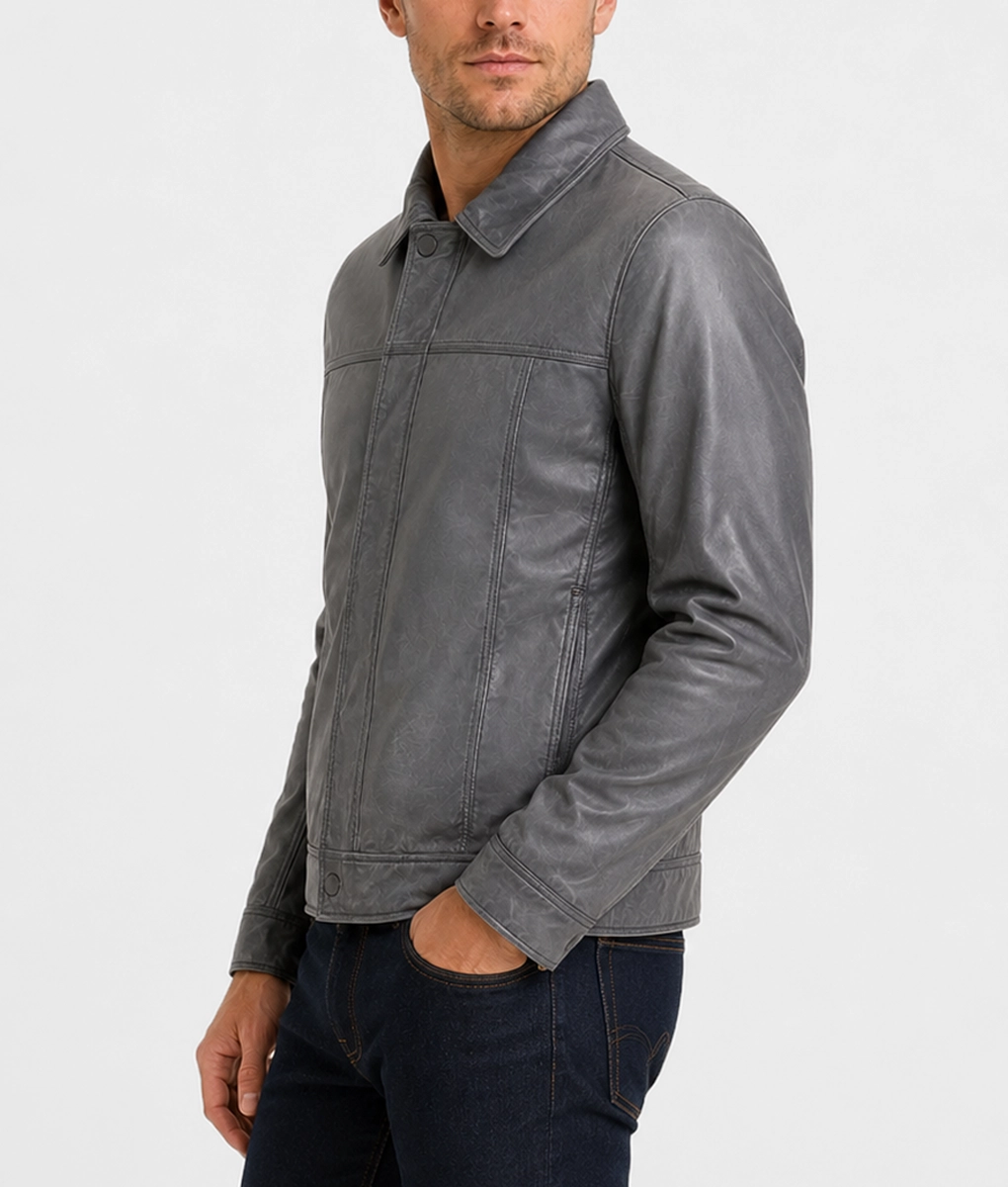Men’s Trucker Slim Fit Leather Jacket - Side