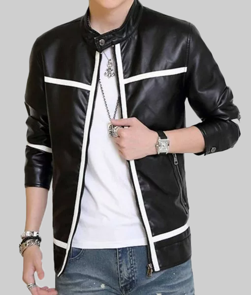 Cafe Racer White Striped Biker Leather Jacket-FrontView