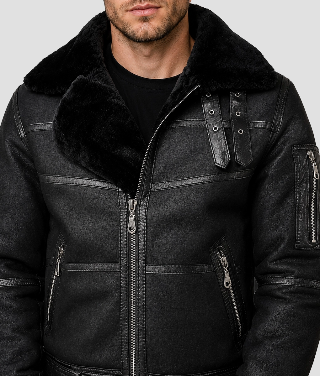 Men&rsquo;s Aviator B16 Belted Leather Jacket - Collar
