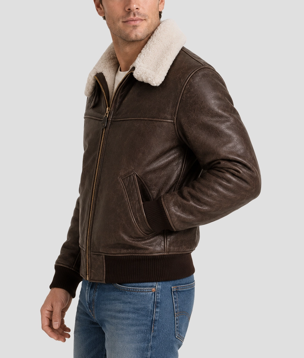 Men&rsquo;s B-26 Aviator Flight Brown Leather Jacket - Side
