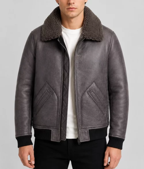 Men’s B2 Grey Shearling Leather Jacket - Front