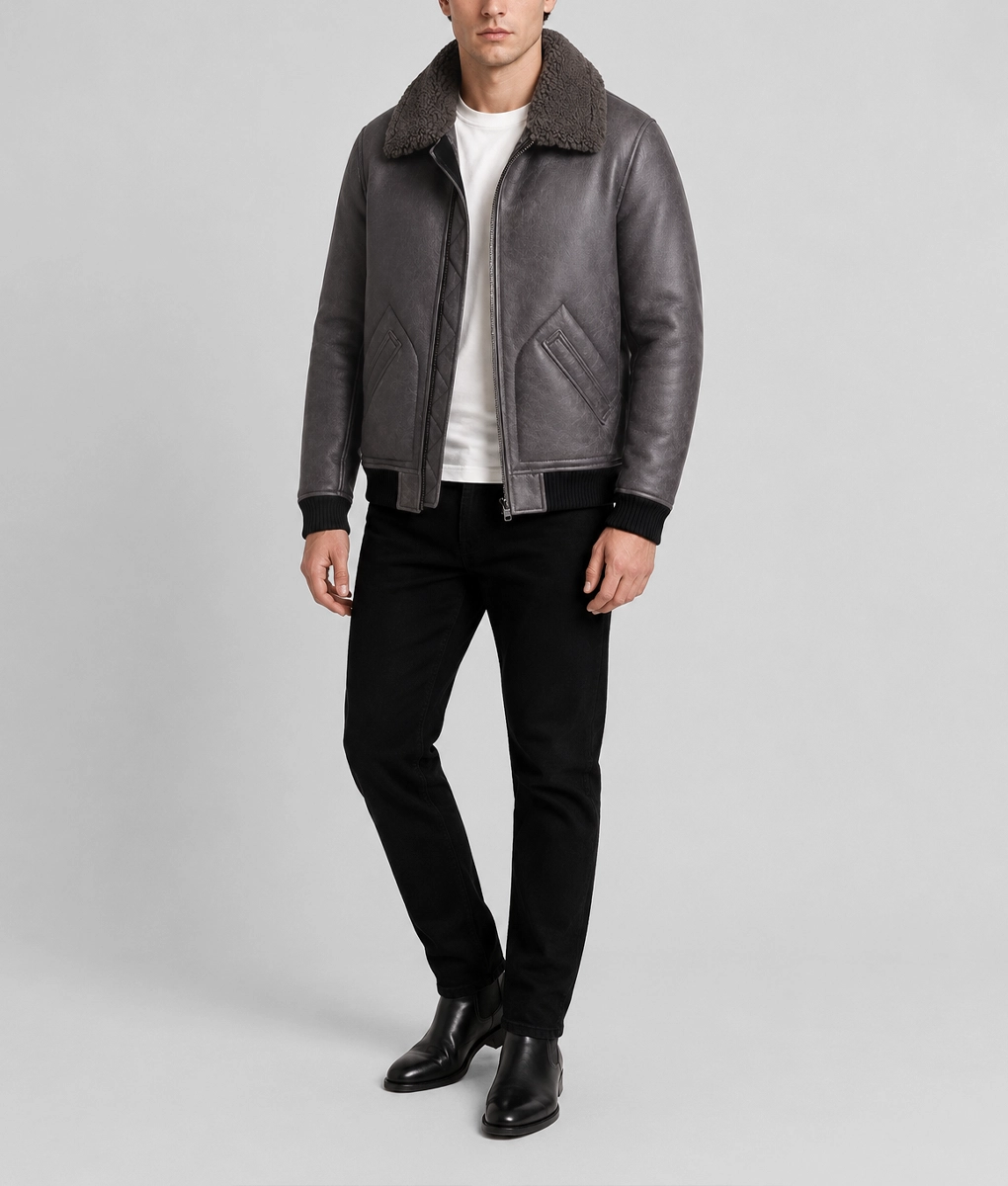Men’s B2 Grey Shearling Leather Jacket - Full