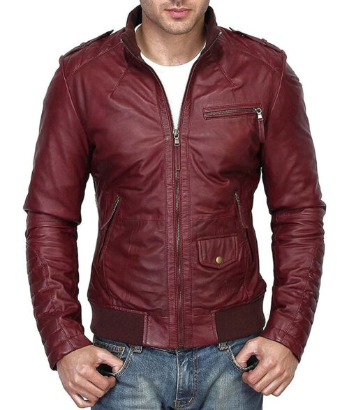 Men’s Casual Burgundy Bomber Leather Jacket | TLC