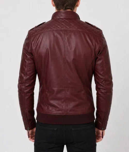 Men’s Burgundy Bomber Leather Jacket - Back