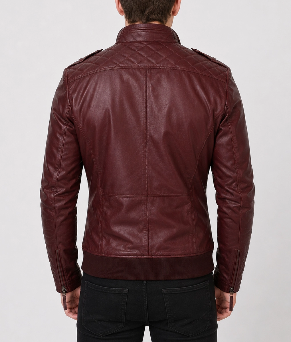 Men&rsquo;s Burgundy Bomber Leather Jacket - Back