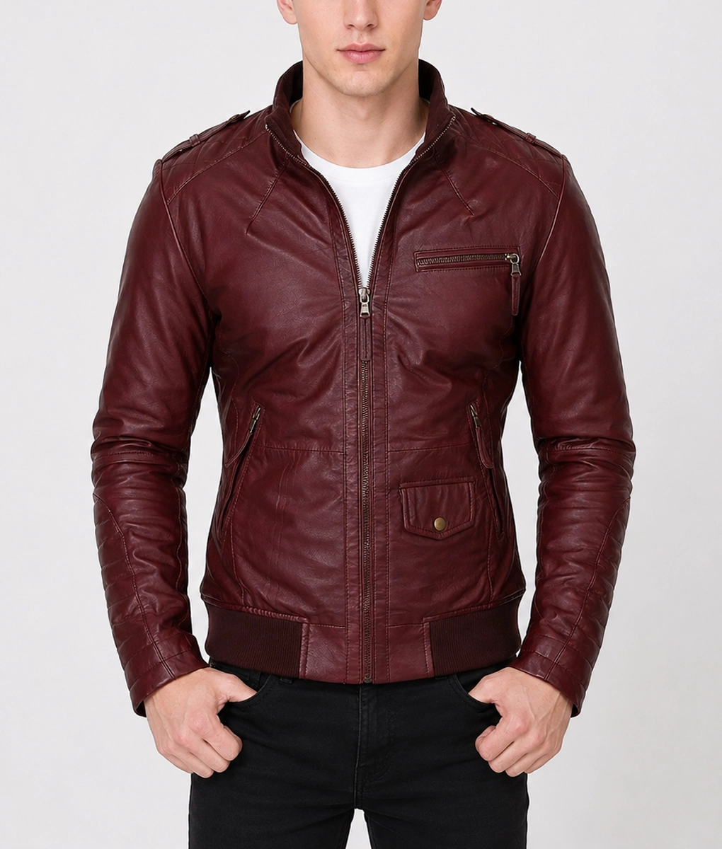 Men&rsquo;s Burgundy Bomber Leather Jacket - Front