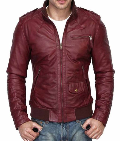 Men’s Burgundy Bomber Leather Jacket