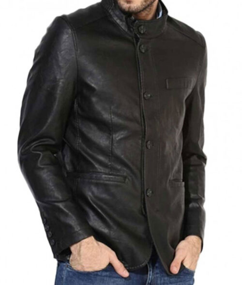 Men’s Button Black Leather Blazer