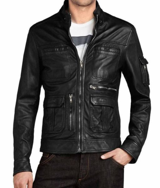 Men’s Multi Pocket Black Leather Jacket