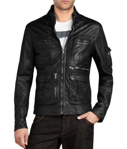 Men’s Multi Pocket Black Leather Jacket